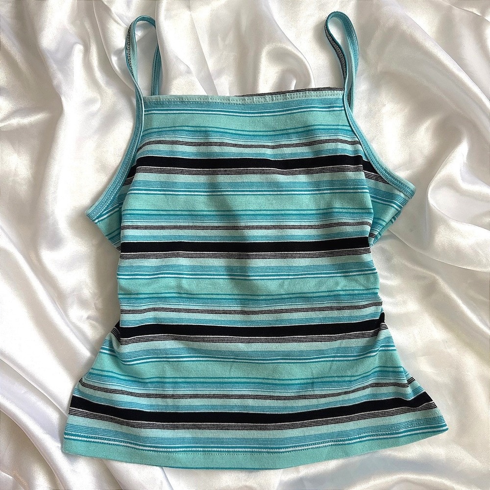 Great Escape Turquoise Black Striped Cotton Cami Tank Top Square Neck Medium